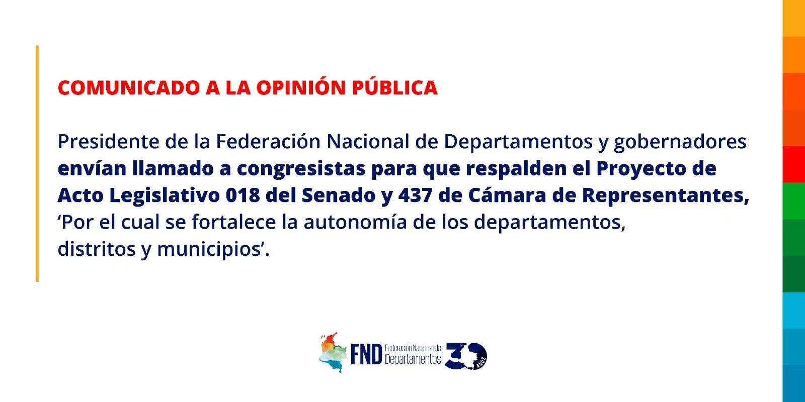 PRESIDENTE DE LA FND Y GOBERNADORES HACEN LLAMADO A CONGRESISTAS A RESPALDAR LA AUTONOMÍA TERRITORIAL Y LA DESCENTRALIZACIÓN